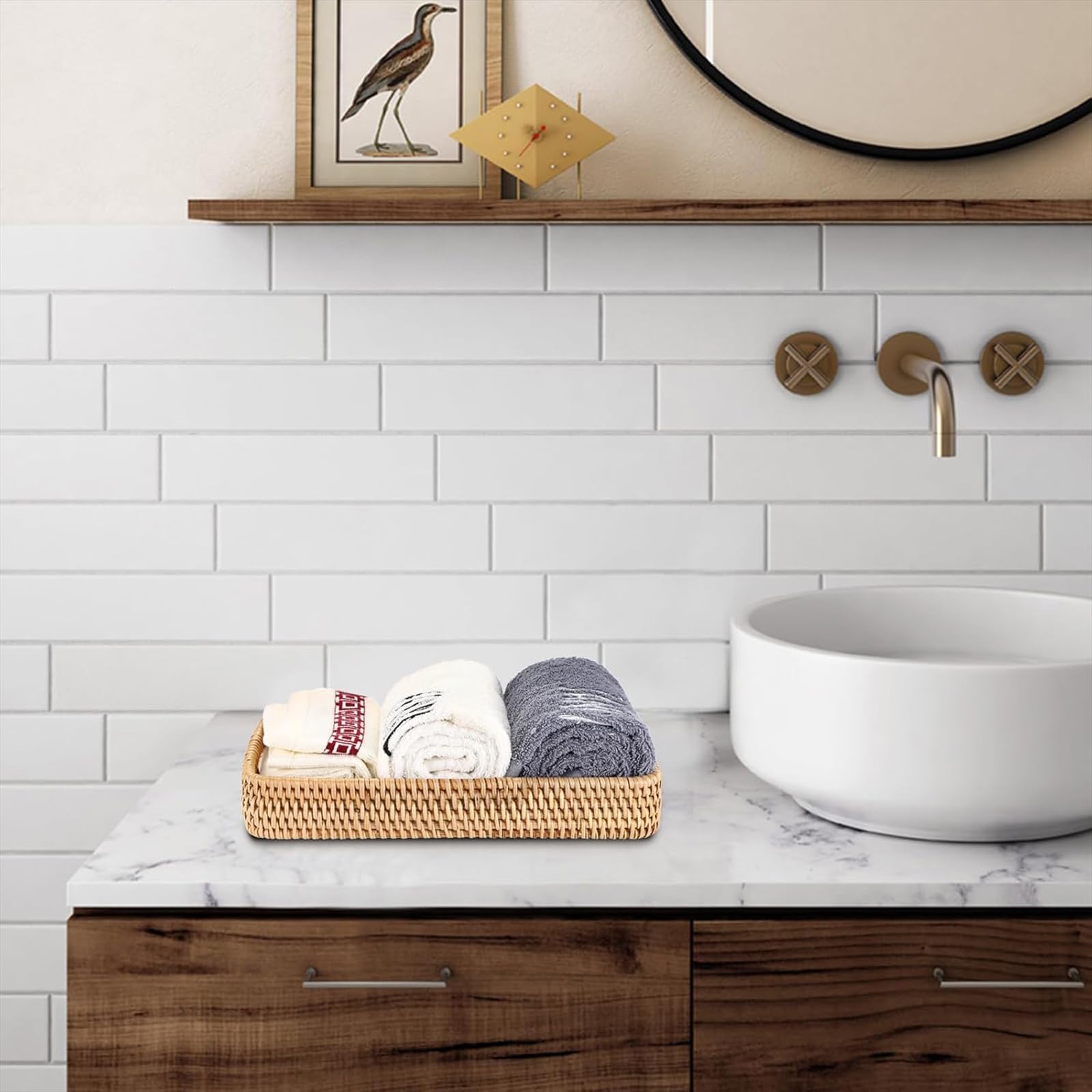 Bandeja decorativa de ratán con asas para servir bebidas, desayuno y té, ideal para decoración del hogar y exhibición de velas