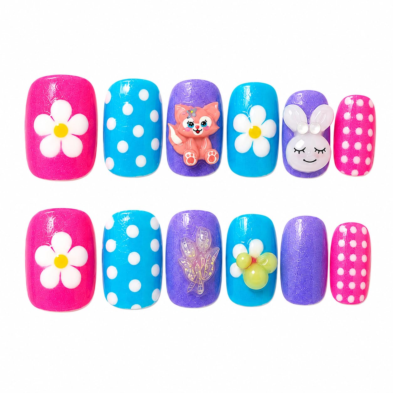 Cute Kids Press On Nails | 12 Pcs 3D Cartoon Stick On Nails for Girls | Reusable Fake Nails with Adhesive Tabs | Handmade Nail Art | Valuable Gift for Girls