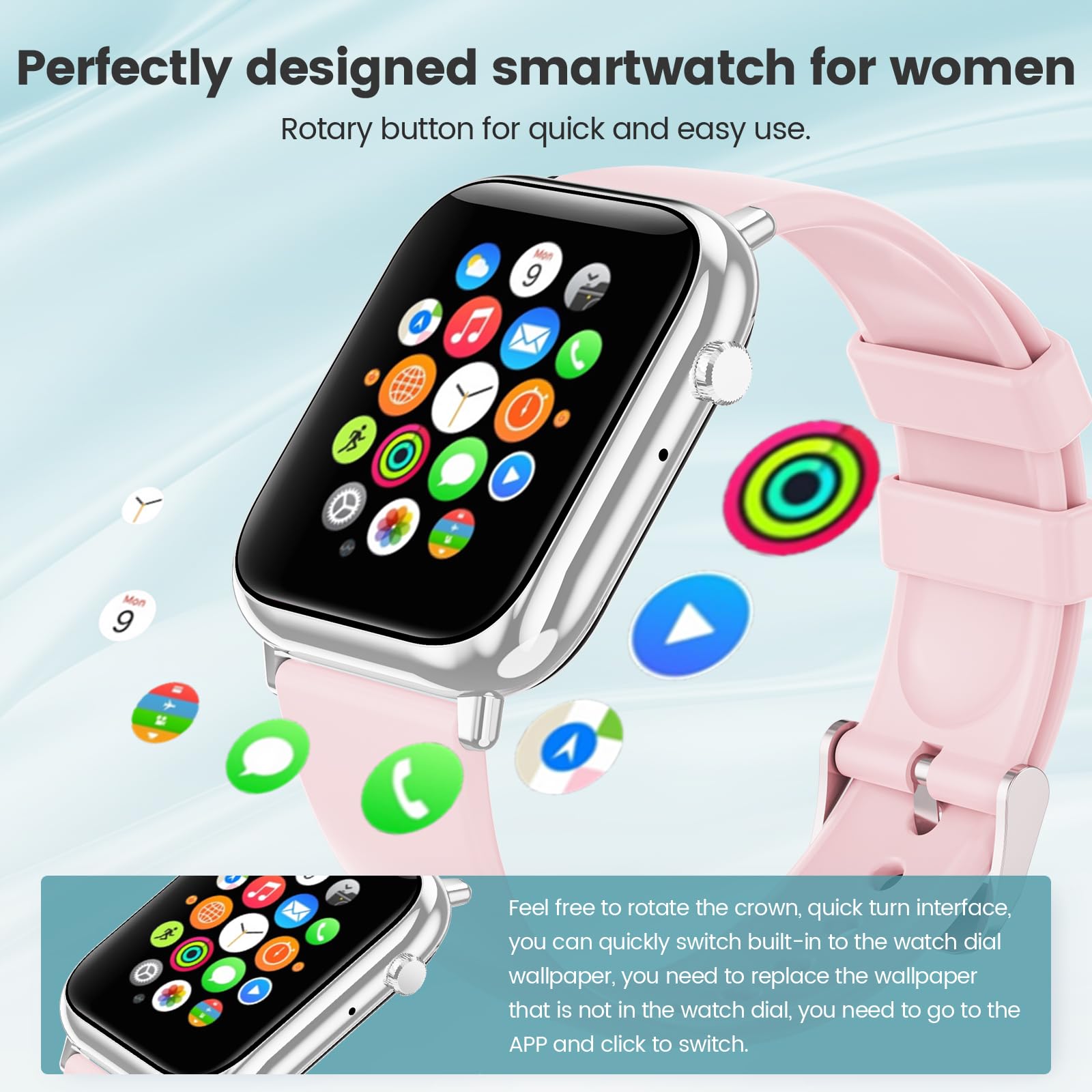 Loekneue smartwatch donna chiamate Bluetooth 5.0 con funzione telefonica, ciclo mestruale, smartwatch SpO2, monitoraggio del sonno, orologio da polso IP67, monitoraggio fitness, contapassi, Android