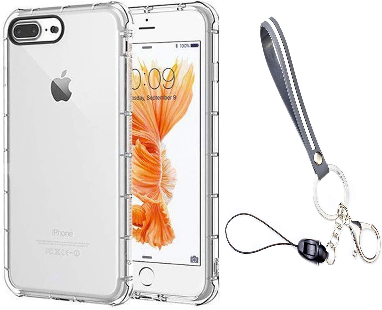 Calmpal iPhone 8 Plus, 7 Plus Case,Clear TPU Ultra Slim Reinforced Corner Air Cushion Frame Crystal Clear Shock-Absorption Flexible Soft TPU Bumper with Hand Strap,Key Chain for iPhone 7/8 Plus (5.5")