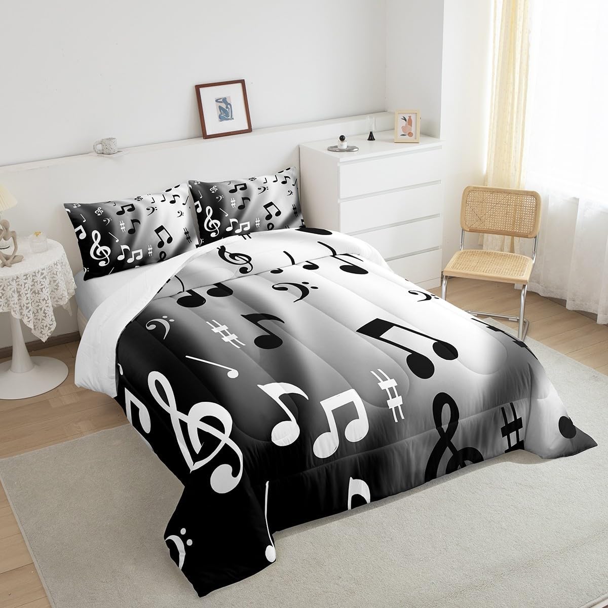 Homewish Musical Note Comforter Set Queen for Boys Kids Black White Room Decor Piano Comforter Aldults Bedroom Music Theme Bedding Set 1 Comforter with 2 Pillow Cases,Lightweight Warm Soft