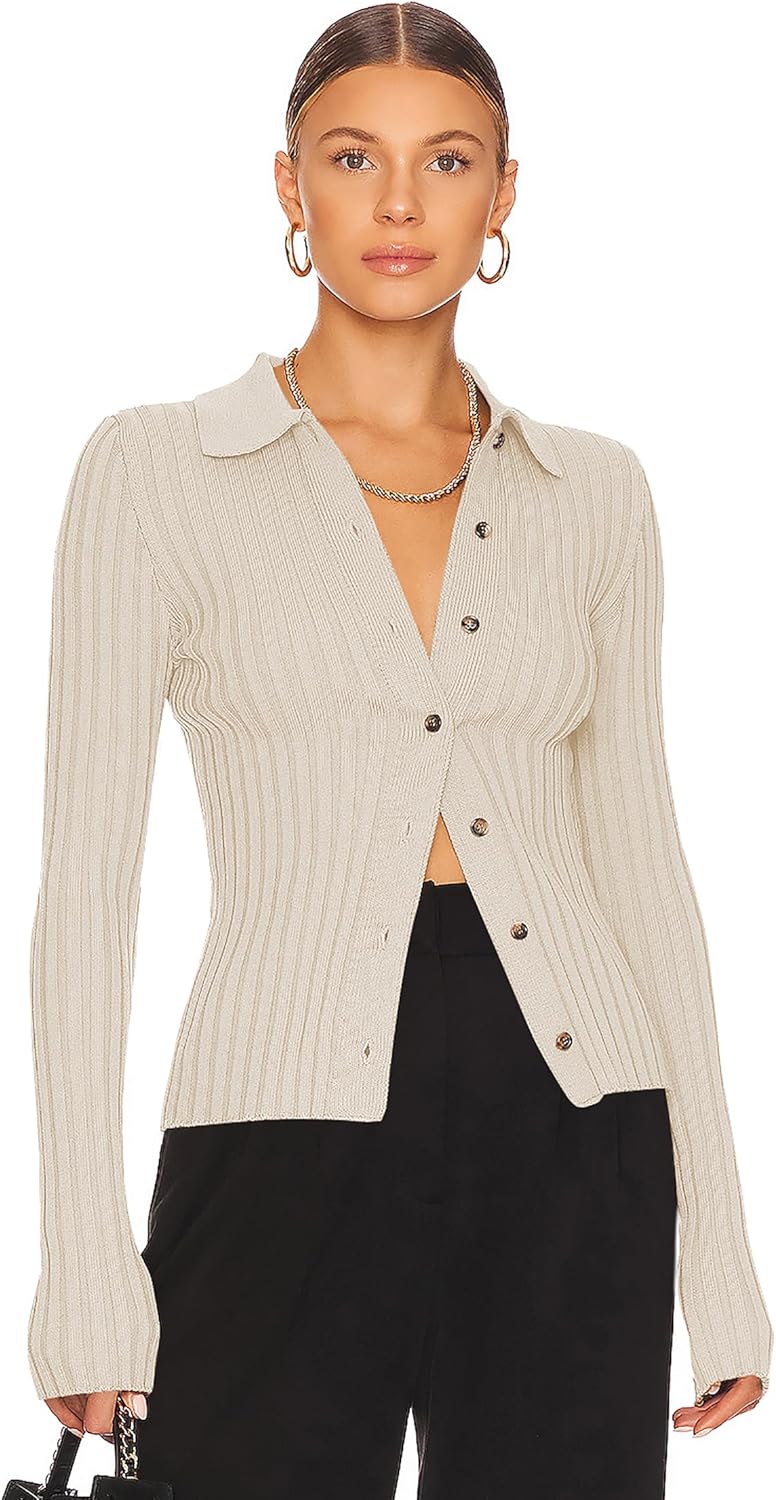 ZAFUL Women’s V Neck Button Down Ribbed Sweater Cardigan Long Sleeve Polo Collar Slim Knitted Pullover