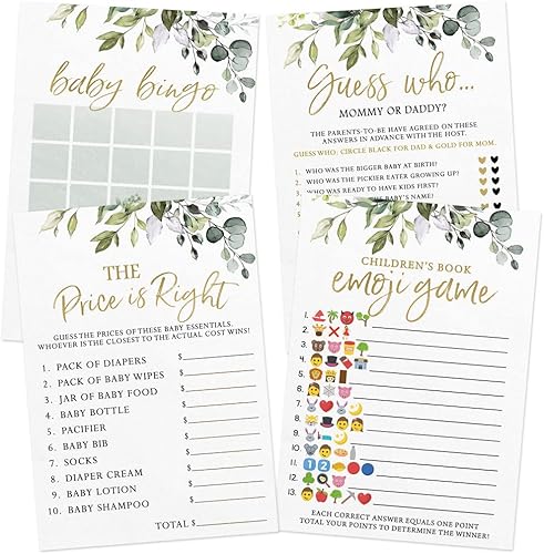 Printed Party Juegos de Baby Shower para niño o niña 4 juegos y actividades, tema de vegetación botánica, 30 invitados