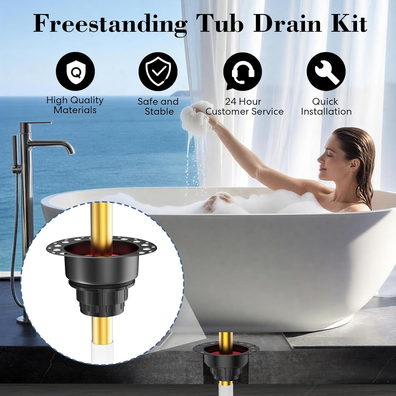 Freestanding Tub Drain Kit, PVC Bathtub Drain Rough-in Kit，Compatible with Free Standing Bathtubs, Floor Mounted Bathtubs and Island Bathtub, with PVC Plastic Adapter and Brass Tail Pipes