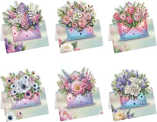 Generic Gem Art Cards Kit Envelope Mixed Floral 6 Count for Beginners | Includes 6 Folding Cards with Envelopes Resin Drills Drill Pen Tray And Wax for a Complete Crafting Set