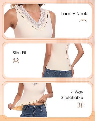 Miniatura 3 de Camiseta térmica sin mangas para mujer, cuello en V, camisola de encaje, forro polar, camiseta interior cálida de capa base Desnudo