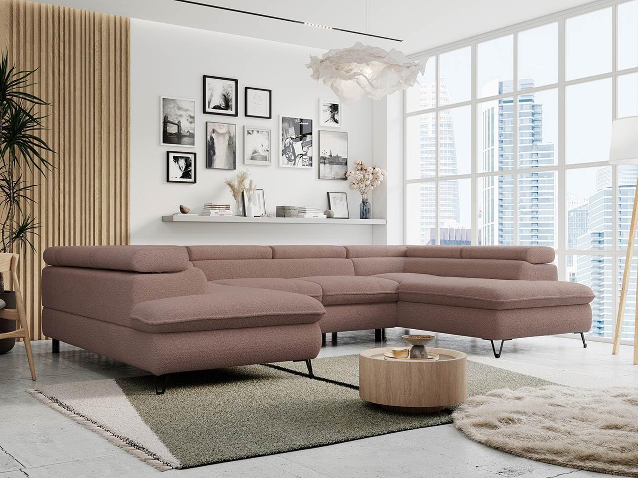 MKS MEBLE Sofa U-Shape Pink, Living Landscape U-Shape, Sofa with Sleep Function and Bed Box, Sofa Bed with Bed Box, Couch with Adjustable Headrests - Peter U - Rosa Boucle boucle Rosa Boucle - Now Or Never 64