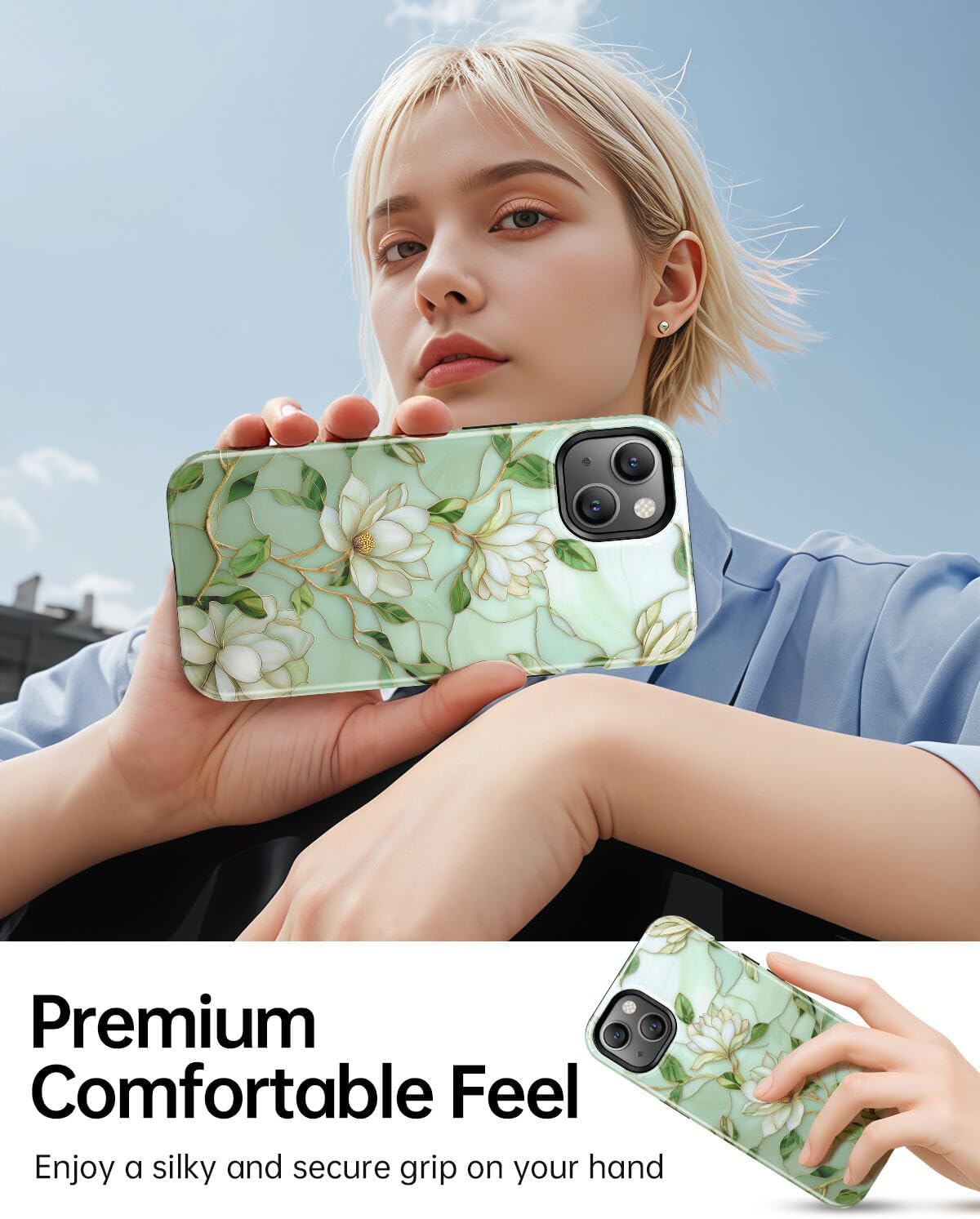 Magnolia Stained Glass Flower Phone Case for iPhone 15, Compatible with Magsafe, Trendy Elegant Green Floral Stained Glass Magnetic Slim Silicone Shockproof Protective Women Girl Cover Case - Image 6