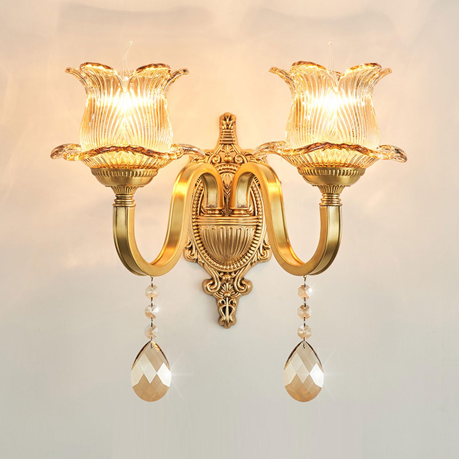 MESOVFCA Medieval Style Flower-Shaped Wall Lamp Glass Shade - Antique Brass Indoor Lantern for Bedroom & Living Room(B)