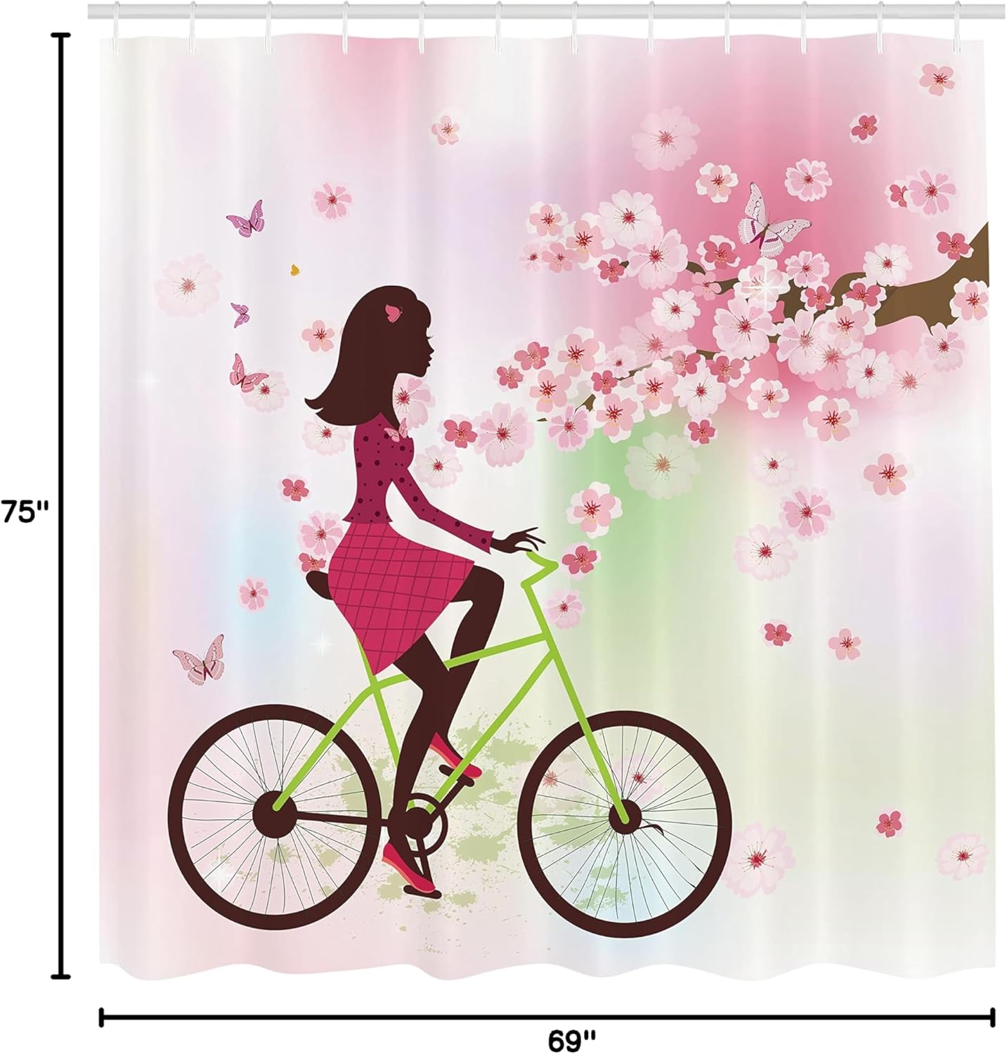 Ambesonne Feminine Shower Curtain, Girl on Bike Passing by Cherry Trees Blooms Spring Nature Seasonal Illustration, Cloth Fabric Bathroom Decor Set with Hooks, 69" W x 75" L, Green Pink