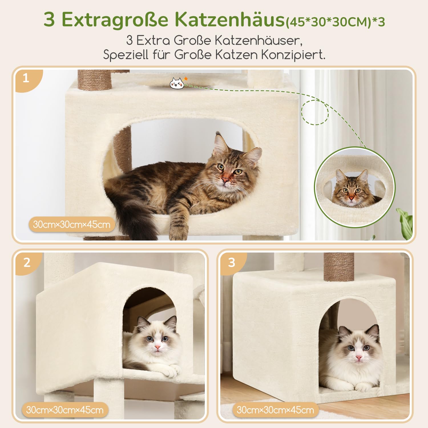 Globlazer S80 Arbre a Chat Beige XXL 203 cm Stable Pour 3/4/5 Grand Chats | Arbre à Chat avec 3 Grand Niches, Extra Large Plateforme, Griffer Sisal, Anti-basculement, Convient aux Maine Coons, Ragdolls