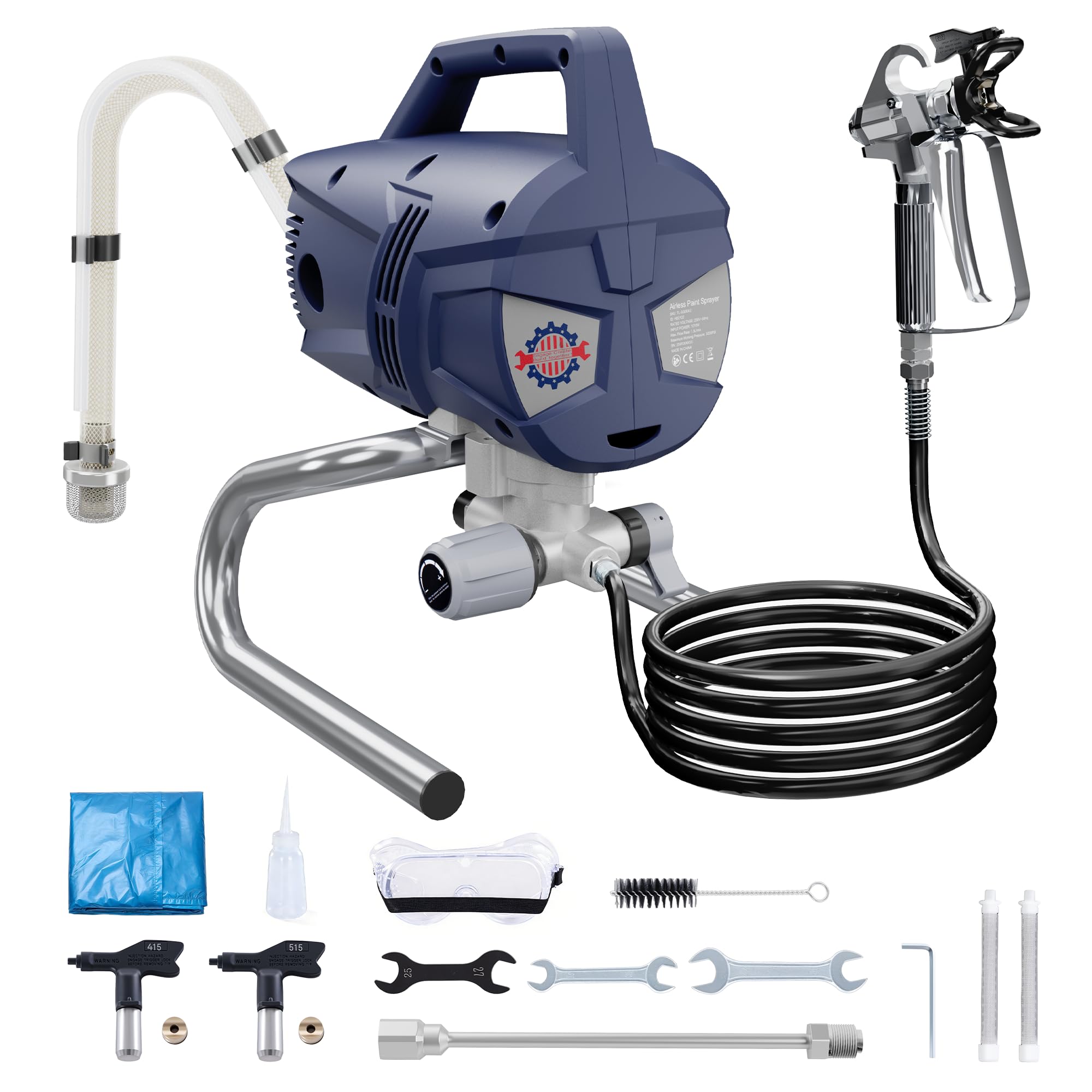 TurboVolt Hochleistungs Airless Farbsprühsystem, 3300PSI 1010W Airless Farbsprühgerät, 1,5L/min, 7,5m Schlauch, mit Verlängerungsstange und Verstopfungsschutz für Innen- und Außenwände, Zäune, Dächer