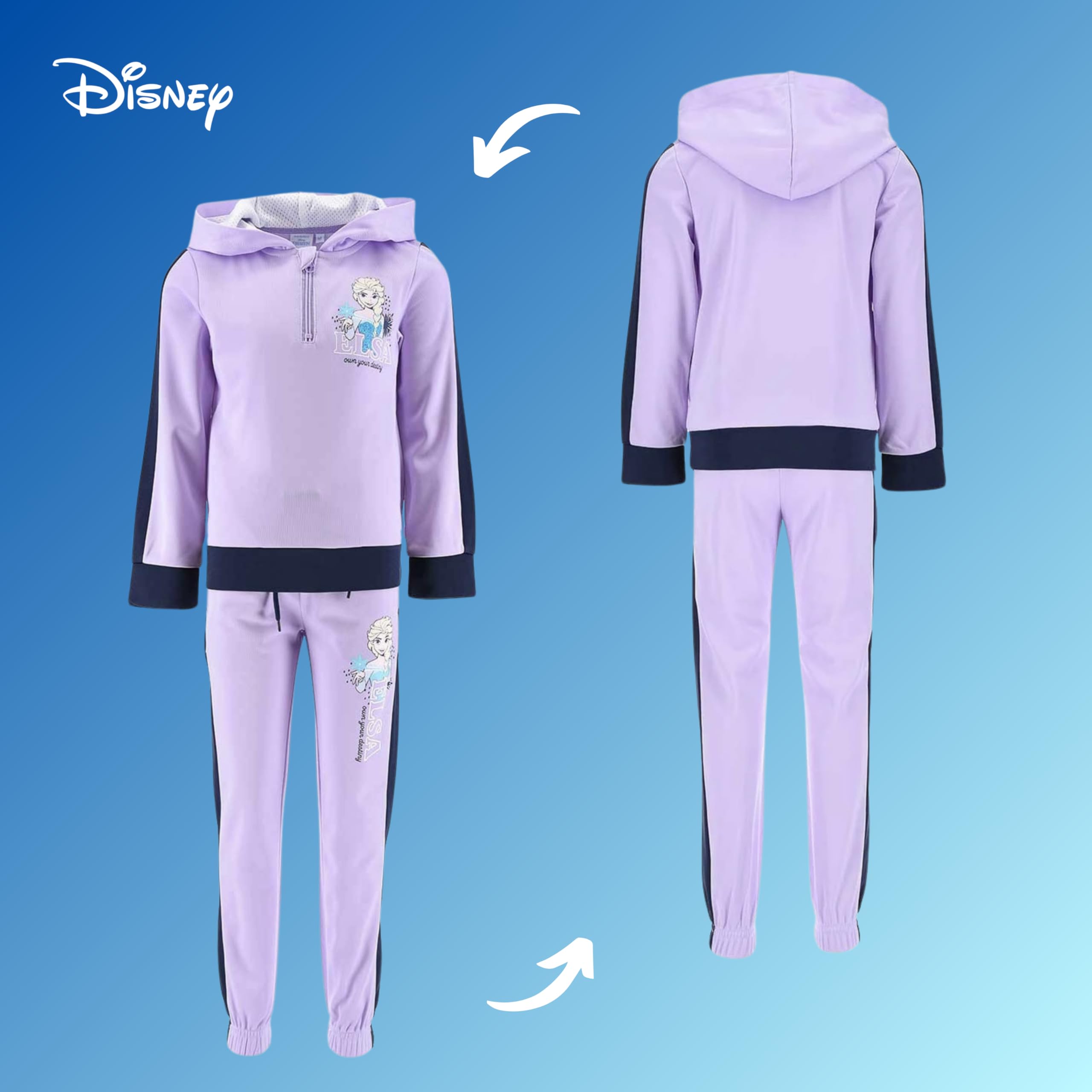 Disney Elsa Chandal para Niñas, Conjunto 2 Piezas para Niñas, Frozen Sudadera con Capucha y Pantalones, Traje Deportivo Morado, Tallas 3 a 8 Años (FR/ES, Edad, 5 años, Regular, Morado)