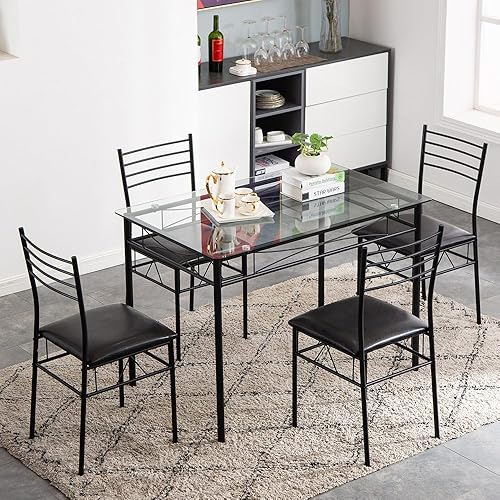 Miniatura 7 de Juego de mesa de comedor de cristal de 5 piezas, ahorro de espacio, juego de mesa de comedor de cocina con 4 sillas, juego de mesa de desayuno