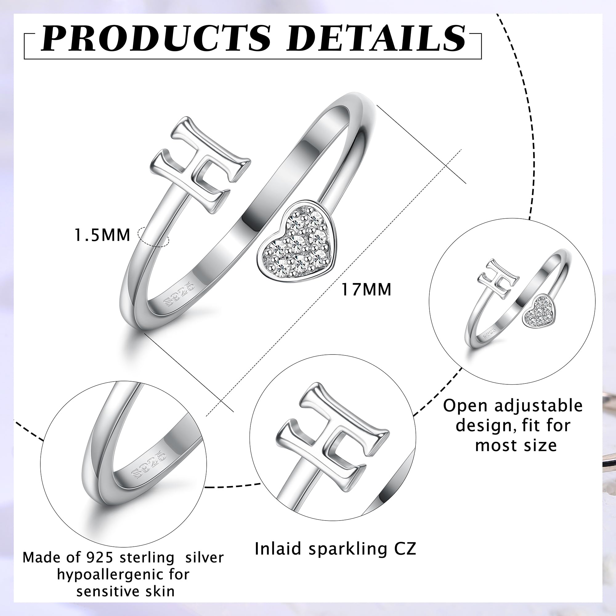 HMJGDHX Anillos de Plata de Ley 925 con Inicial de corazón para Mujeres y niñas, Anillos apilables Ajustables con Letras del Alfabeto chapados en Oro de 18 Quilates para Adolescentes