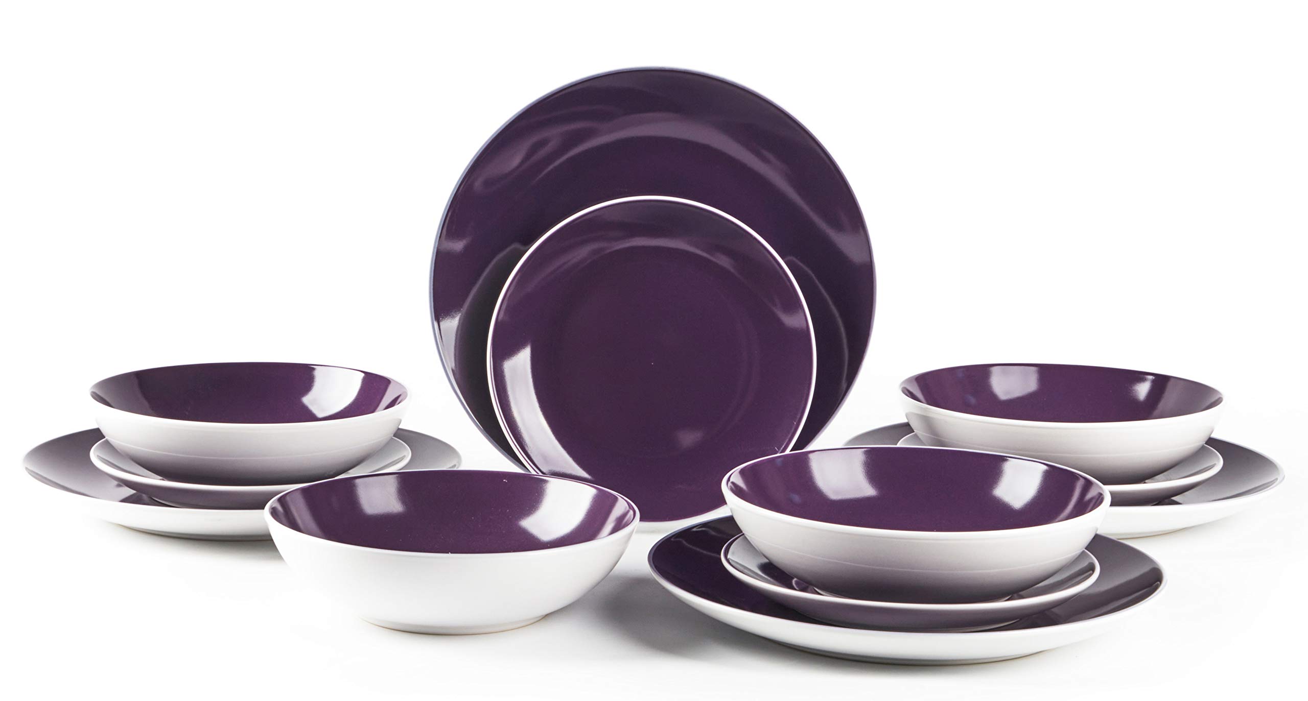 HomeVss, Stoneware Coupe Shape 12pc Dinnerware Set, Outside White + Inside Violet
