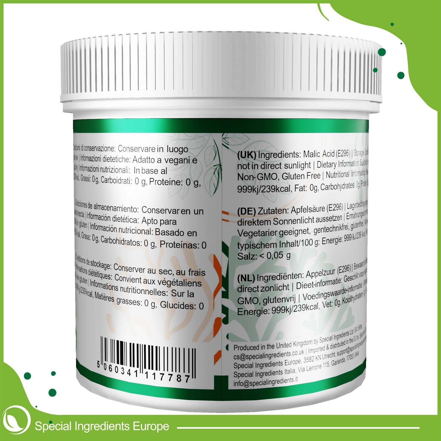 Special Ingredients Apfelsäure Pulver 100 g - Malic Acid - Geschmacksverstärker, Konservierungsmittel & Säureregulator - Für die Herstellung von Wein, Bier & Spirituosen - Premium-Qualität
