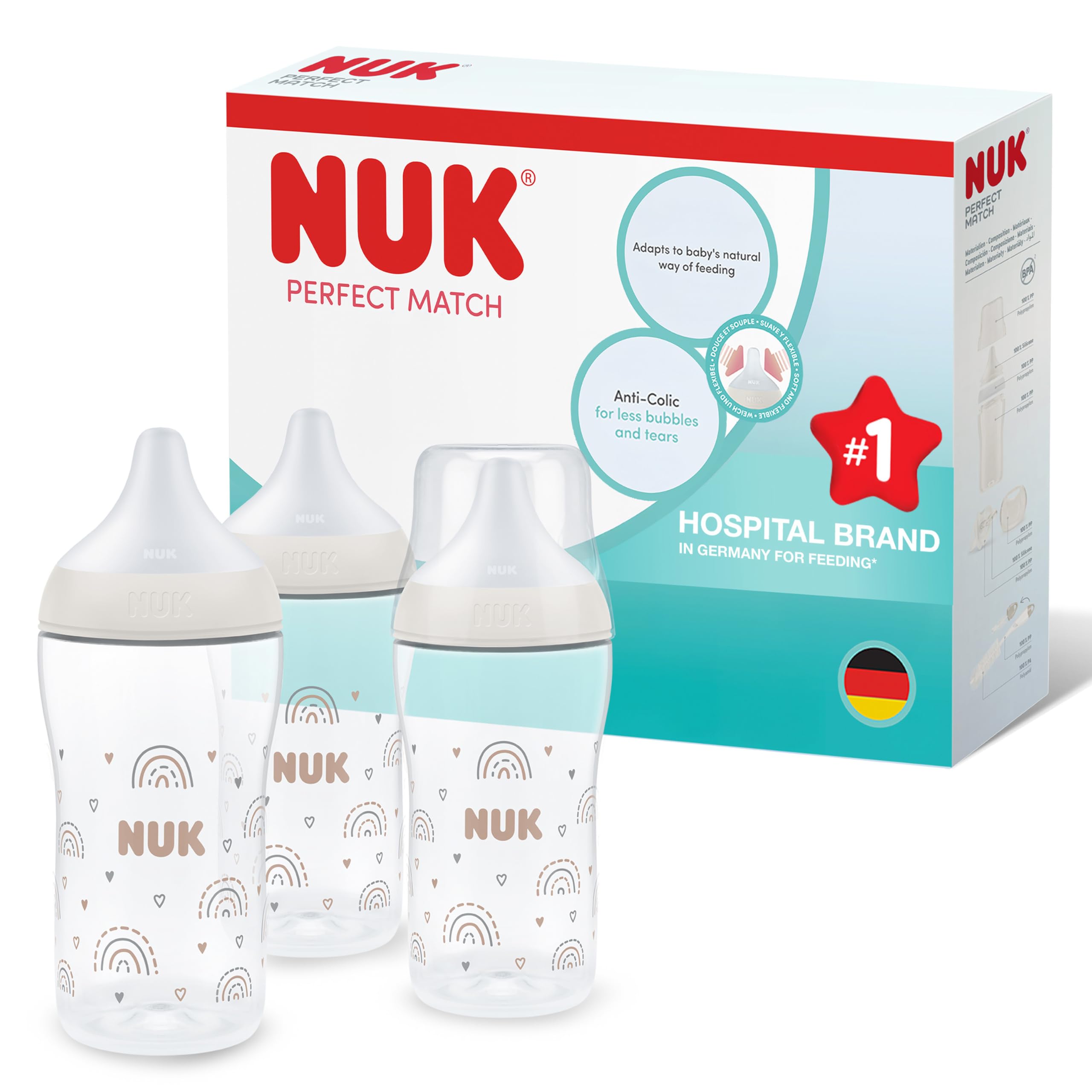 NUK Set biberon Perfect Match | 3+ mesi | Si adatta al palato del bambino | Controllo della temperatura | Sfiato anti-colica | 260 ml | Senza BPA | Tettarella media in silicone | Arcobaleno | 3 pz