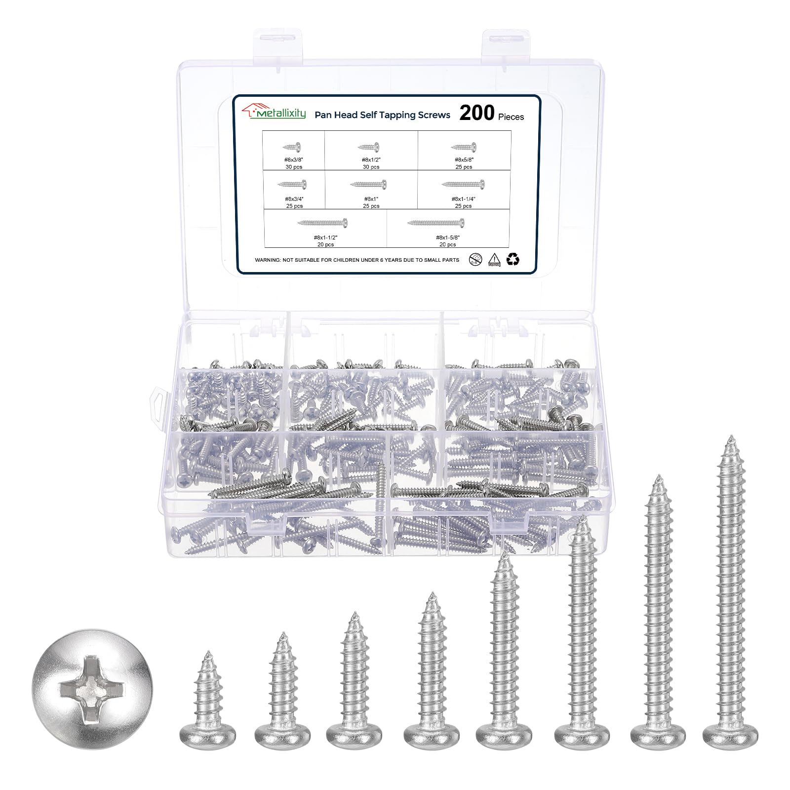 METALLIXITY Pan Head Self Tapping Screw(#8) 200Pcs, 304 Stainless Steel Self Drilling Screw Assortment Kit for Metal Wood Plastic, for Cabinet Wall Shutter Plate Rock Furniture, Silver tone