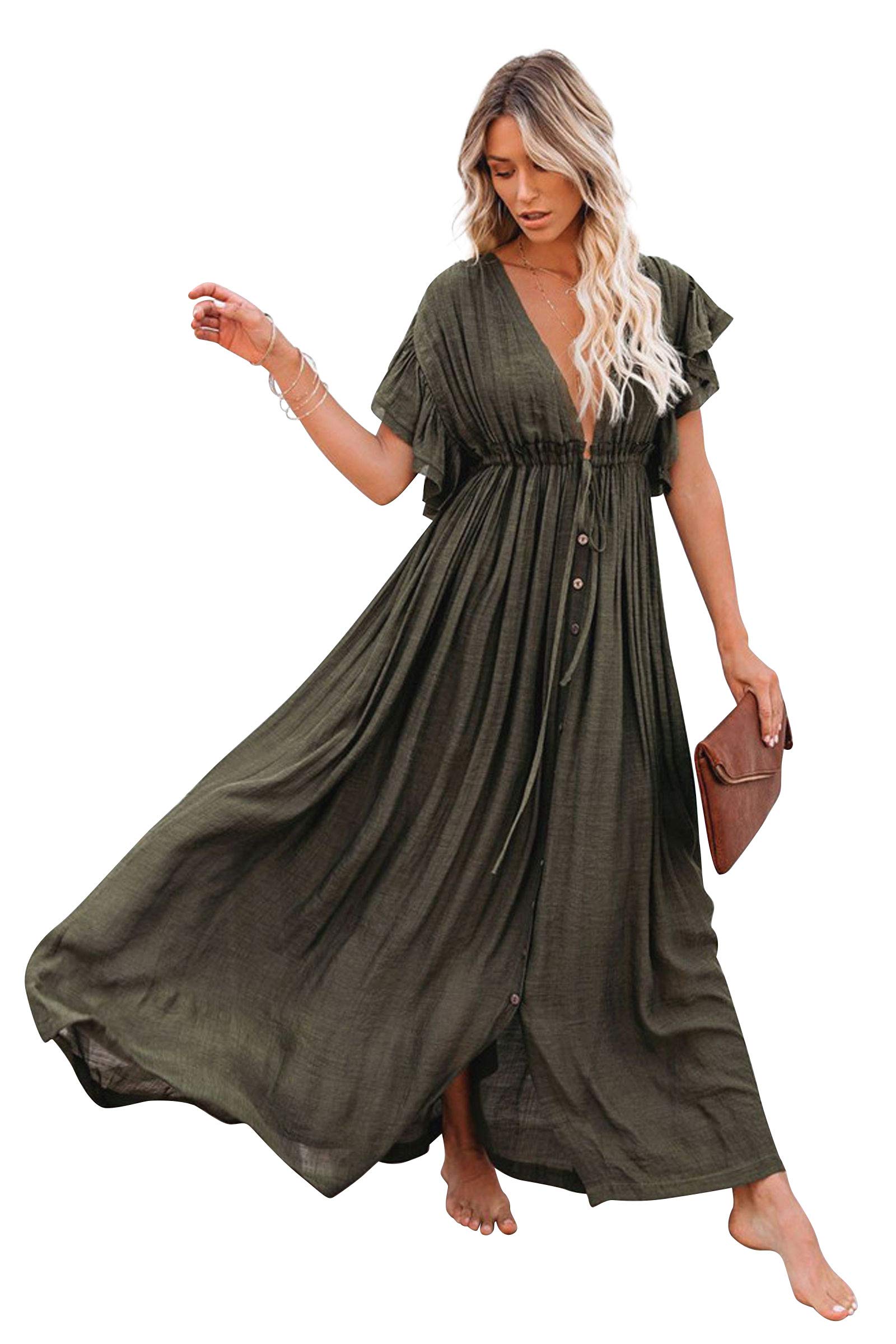 Landove Kimono Playa Mujer Vestido Largo con Botones Escote V Manga Volant