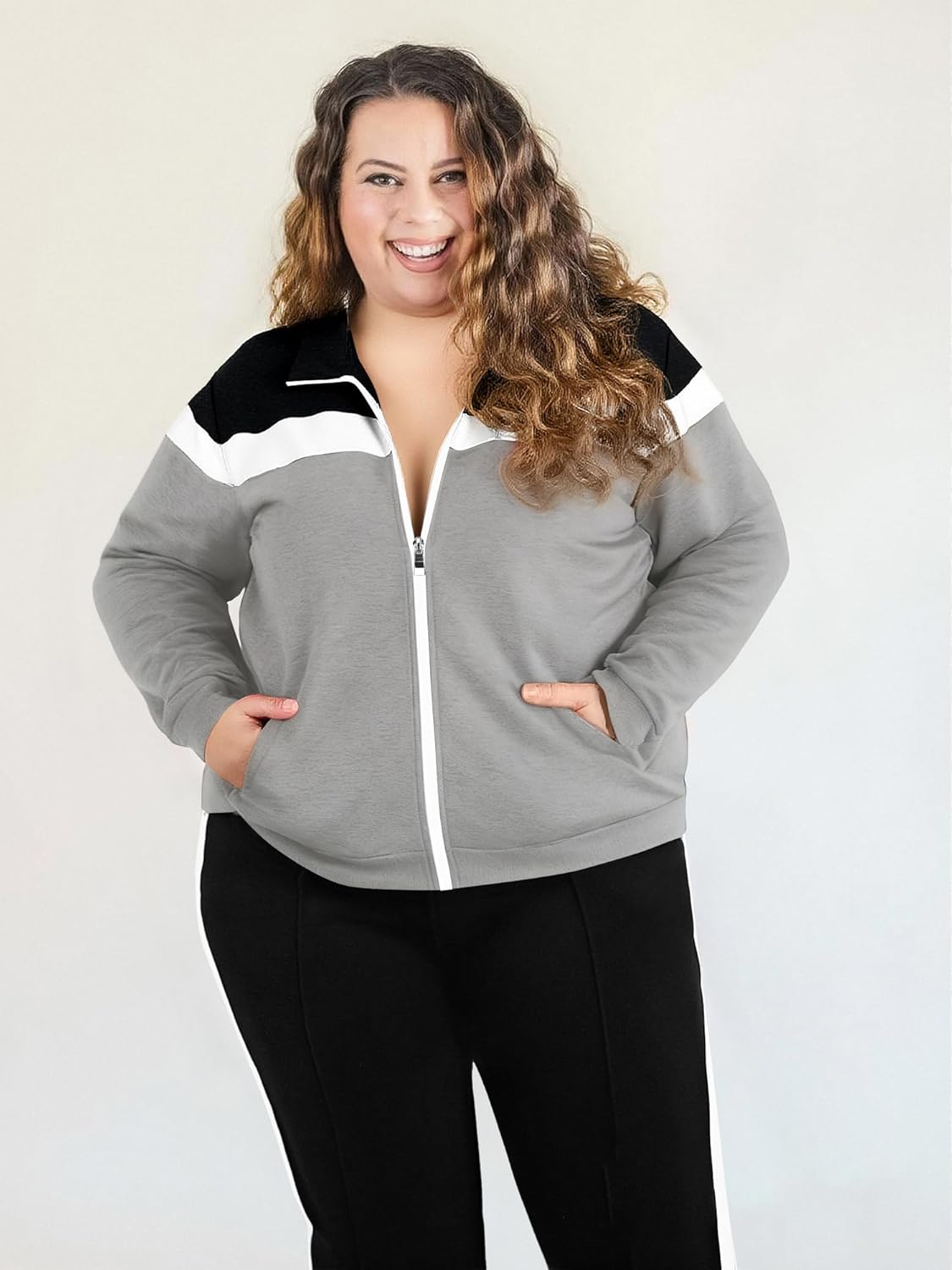 UOUA Plus Size Womens 2 Piece Sweatsuits Outfits Zip Up Jackets & Sweatpants Casual Loungewear Tracksuit Sets - Image 2