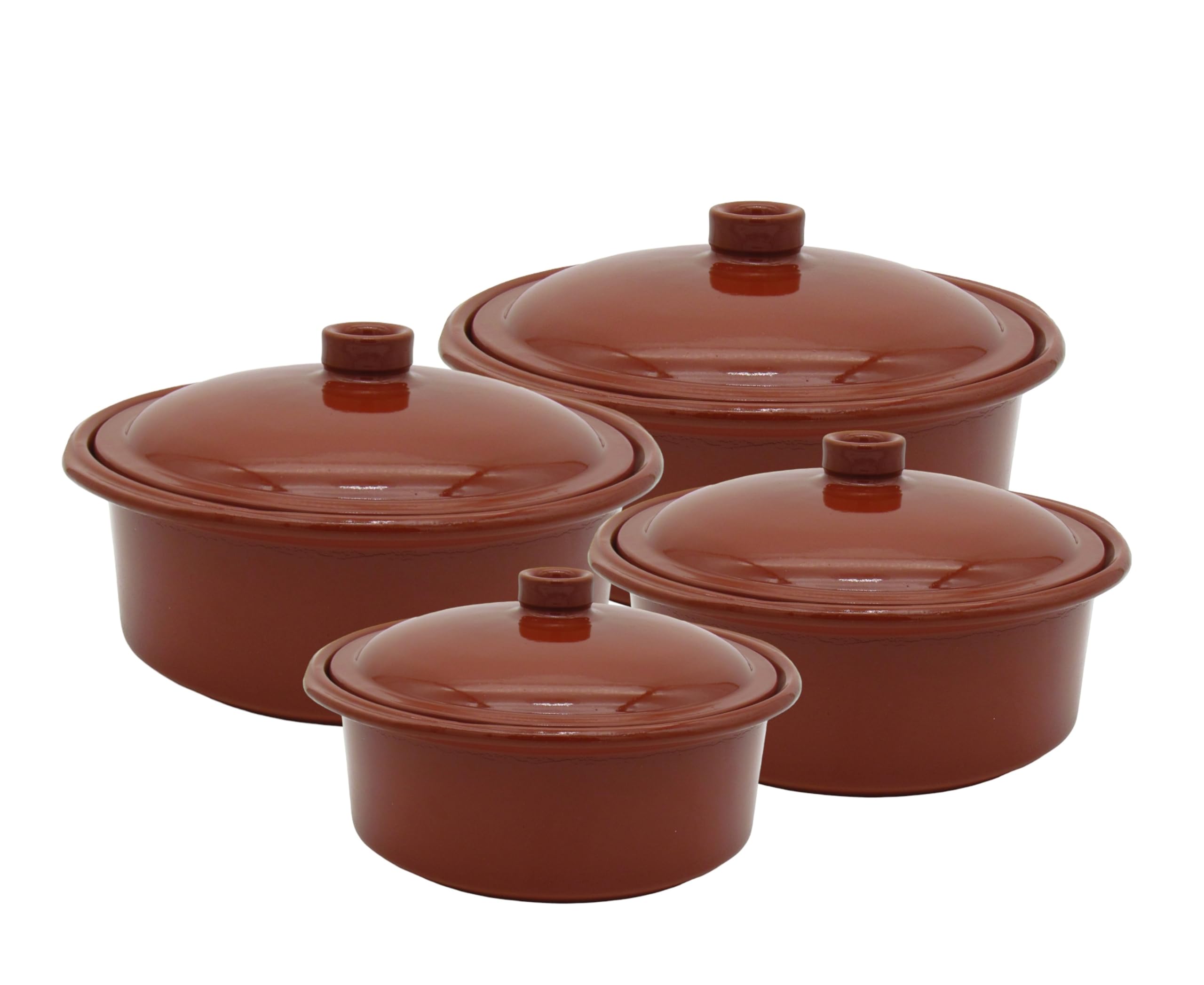 Ton-Cocotte mit Deckel 1,5 – 4,5 Liter - 4er Set – Glasierte Schmortopfe für Ceran, Gas, Ofen & Grill – Mediterraner Tontopf spülmaschinengeeignet