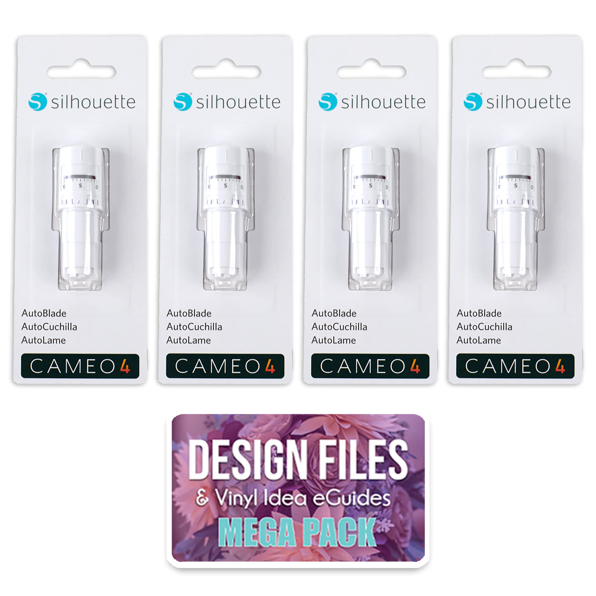 Silhouette Cameo 5, Cameo 4, PRO, Plus, & Portrait AutoBlade Replacement 4 Pack Bundle with 200+ Designs