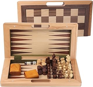 GSE 16" Deluxe 3-in-1 Wooden Folding Chess, Checker and Backgammon Board Game Combo Set, Portable Travel Chess Checker Backgammon Set for Kids & Adults