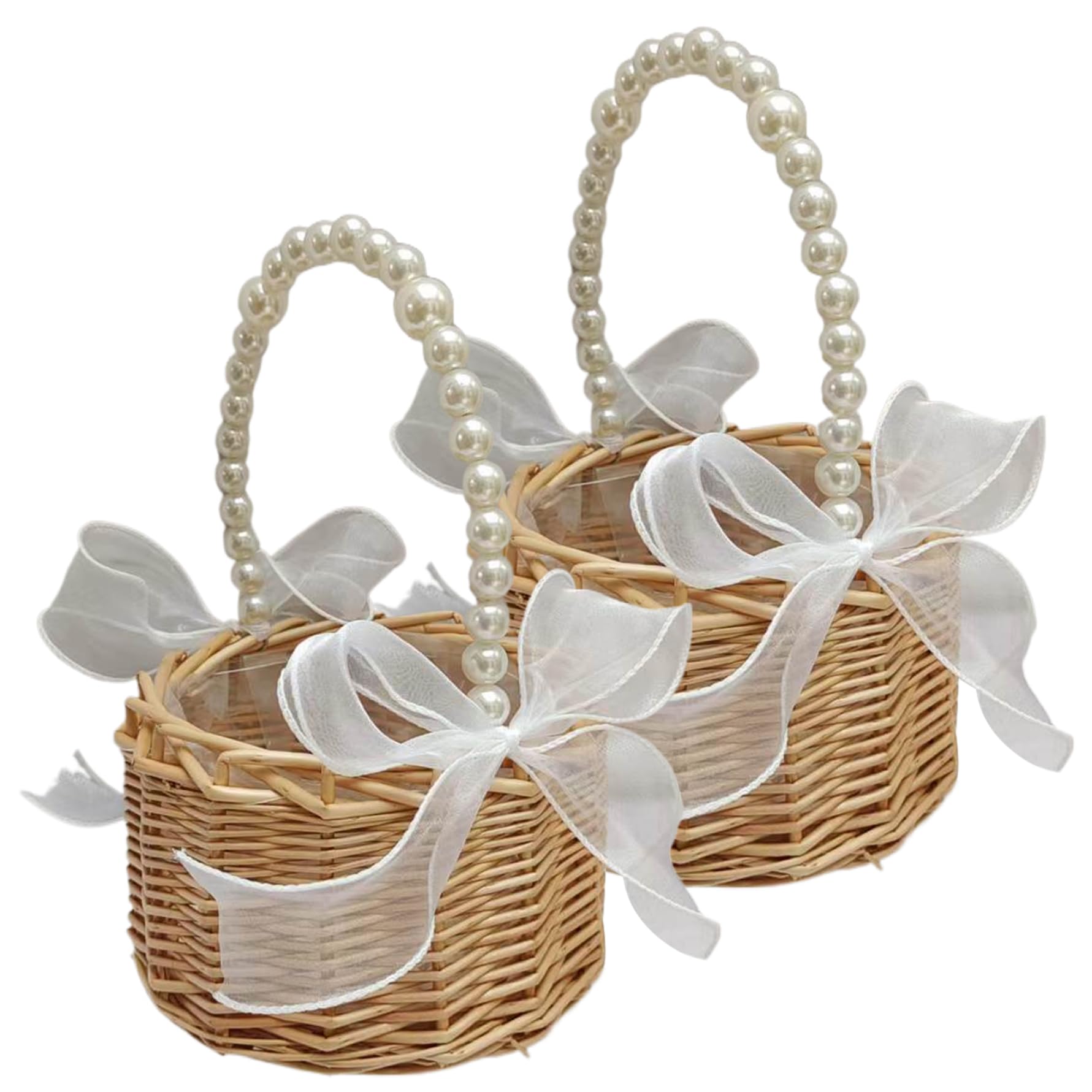 Panier à fleurs en rotin avec perles pour cortège de mariage bohème chic