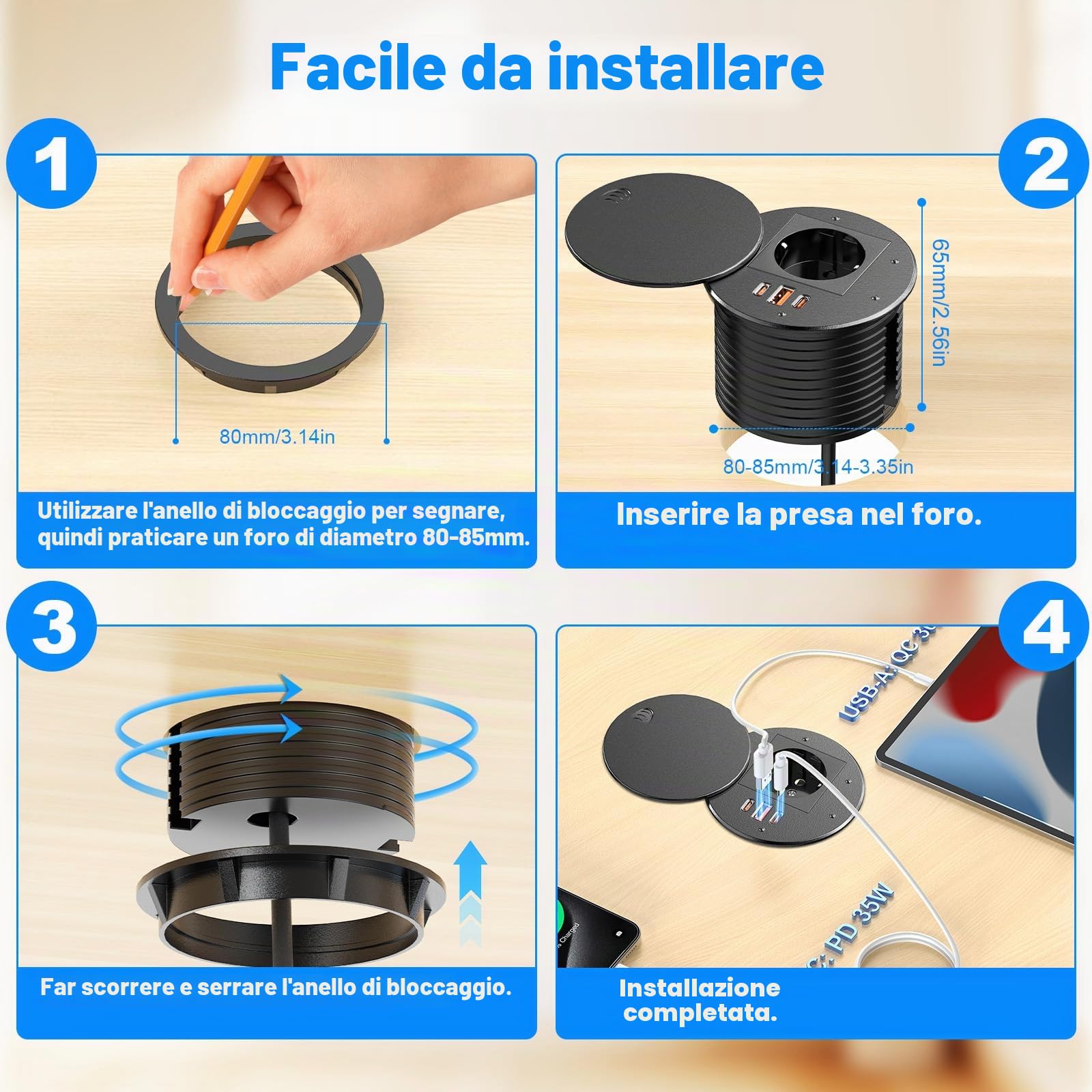 Presa da incasso con USB-C PD35W e USB-A 30W, presa da tavolo Sewingvr con coperchio, presa a scomparsa con 3 USB, cavo da 1,8 m, colore nero