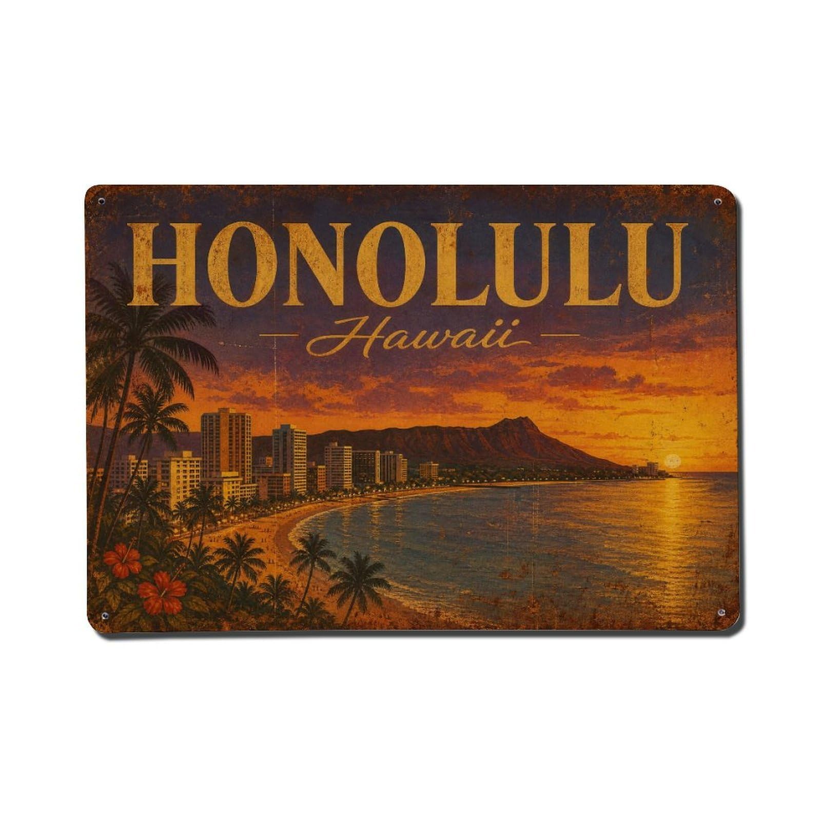 Huiyhb 8X12inch(20X30cm) Vintage Travel Honolulu Hawaii Dusk Metal Tin Sign