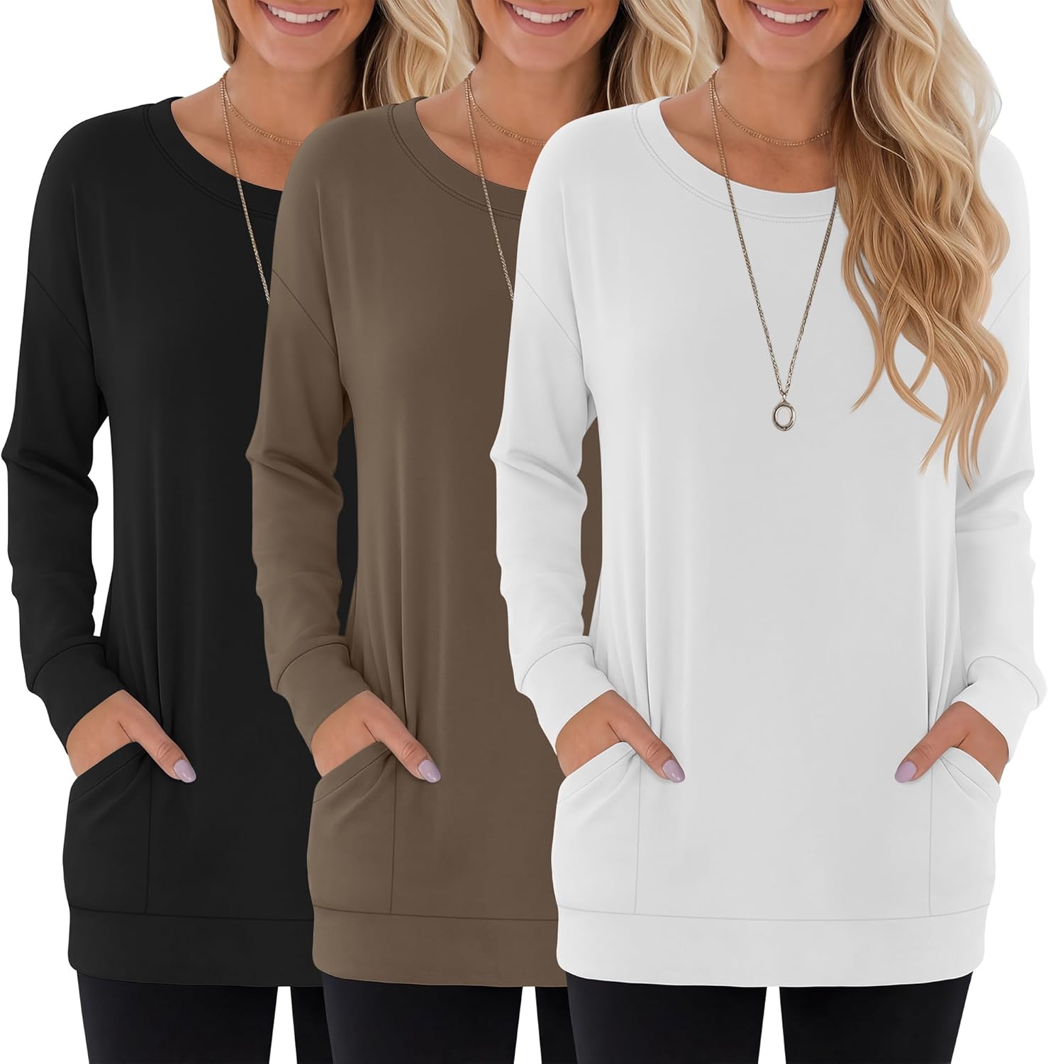 Oakgarden 3 Pack Women's Casual Long Sleeve Tops Crew Neck Pullover Tunic Tees for Leggings Loose Sweatshirts with Pockets