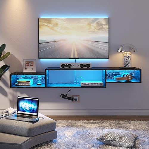 Miniatura 6 de 4 EVER WINNER Soporte flotante para TV con toma de corriente, estante flotante de TV de 59 pulgadas con luces LED y almacenamiento, centro de Negro