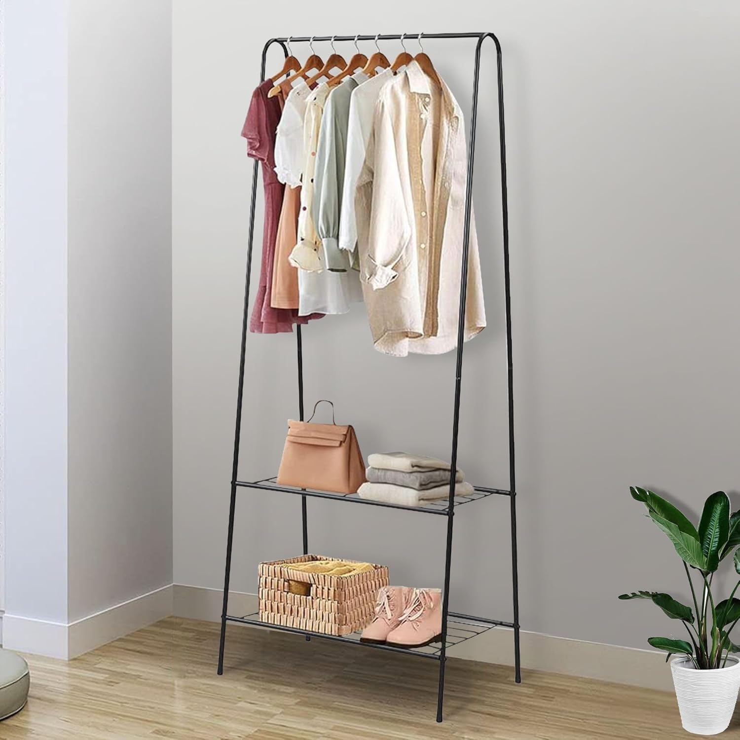 Carbon Steel Clothes Hanger Stand for Bedroom Heavy Duty Garment Hanging Rack with Anti Slip Foot Pads, Easy Assembly, Space-Saving Clothes Organizer (Black, 35 x 60 x 154 cm)-picture-26
