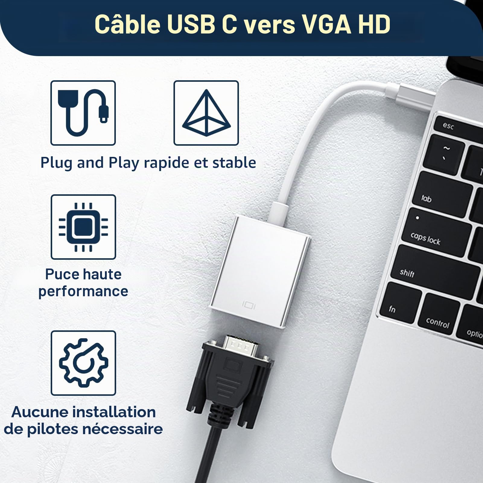 Adaptateur USB C vers VGA, Compatible Thunderbolt 3/4, Convertisseur Mâle vers Femelle, Résolution 1920x1200 pour MacBook Pro/Air, iPhone 15 Plus Pro Max, Boîtier en Aluminium, Accessoires Multimédia