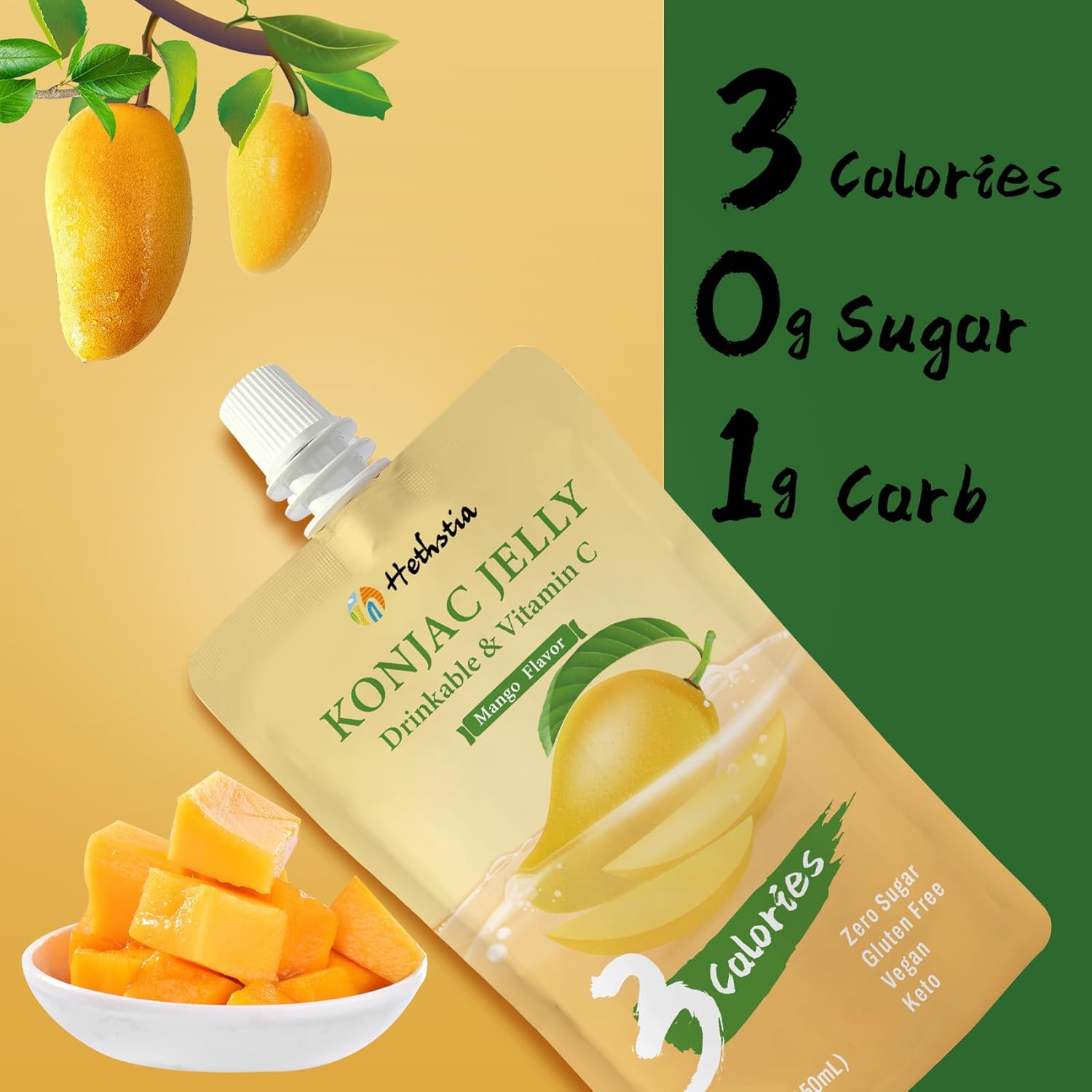 Hethstia Konjac Jelly Pouch Drinkable Mango Flavor, 10 Pack | Low Calorie | Sugar Free, Keto, Vegan, Gluten-Free, Low Carb, Fat Free, Non-GMO, Vitamin C Fruit Snack, Healthy Chewy Treat & Gift