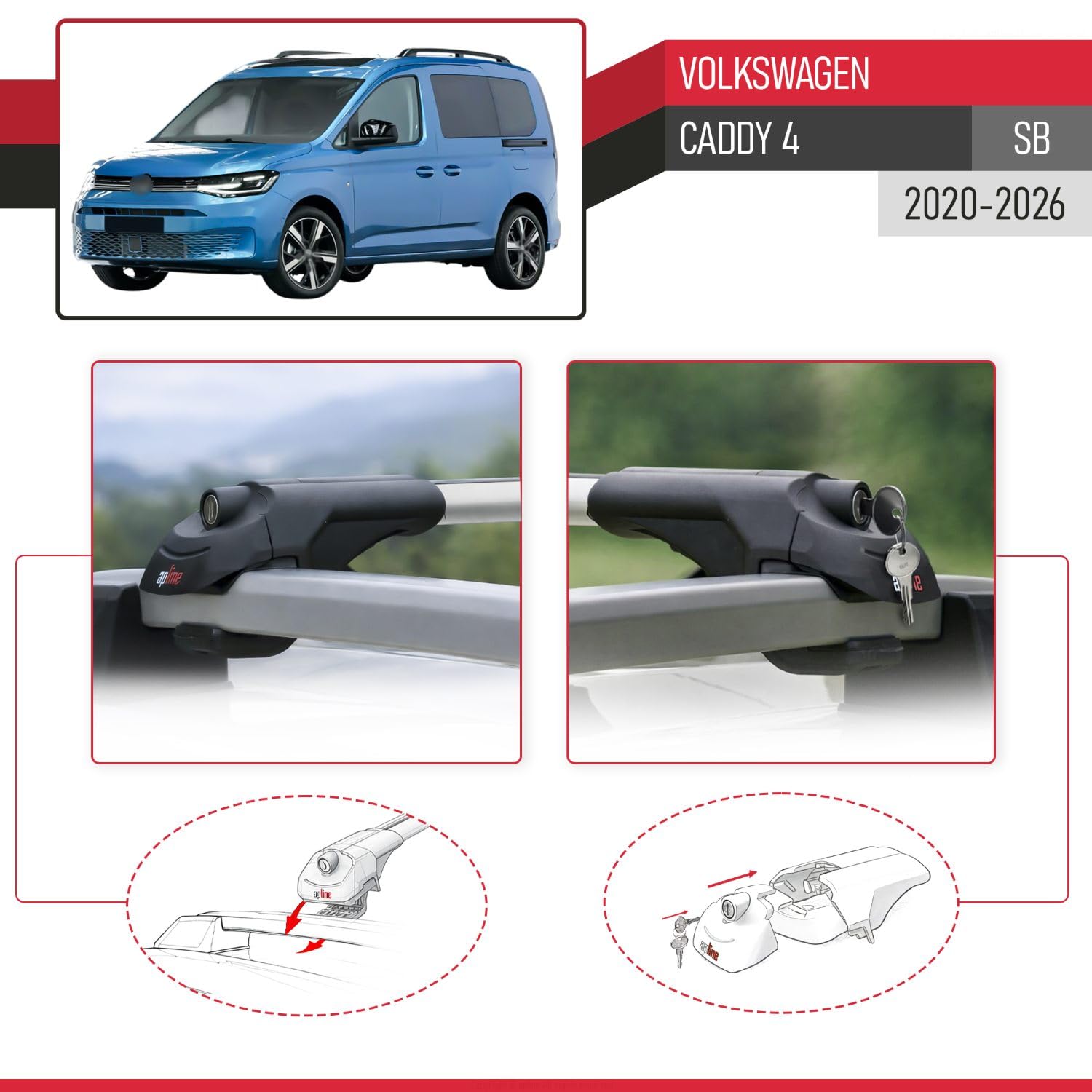 RE&AR Tuning Compatible avec Volkswagen Caddy 4 (SB) 2020-2025 ACE-1 Barres de Toit Railing Porte-Bagages de Voiture Gris Aluminium 3 Barres