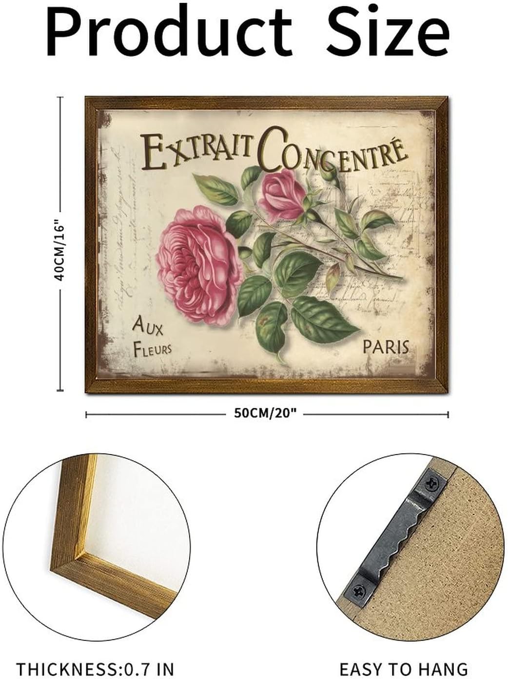 Extrait Concentré Aux Fleurs Framed Wood Signs Vintage French Rose Flower Wood Sign Plaque Vintage Hello Spring Flower Wall Decor Farmhouse Rustic Wooden for Women Shelf Decor 16x20 Inch