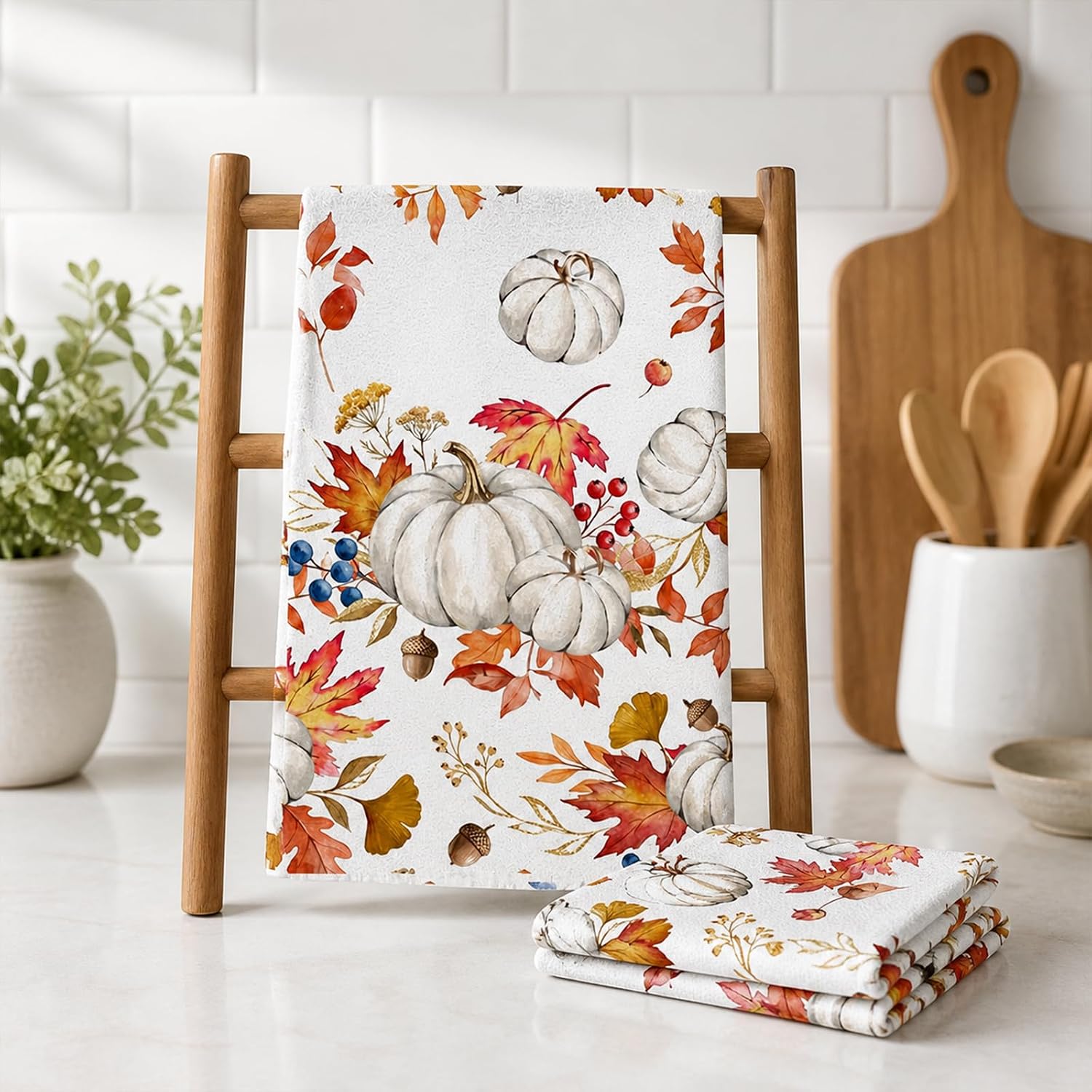 Orange Leaves Pumpkin Fall Kitchen Towels Dish Towels, 18x26 Inch Farmhouse Decoration Hand Towels Set of 2