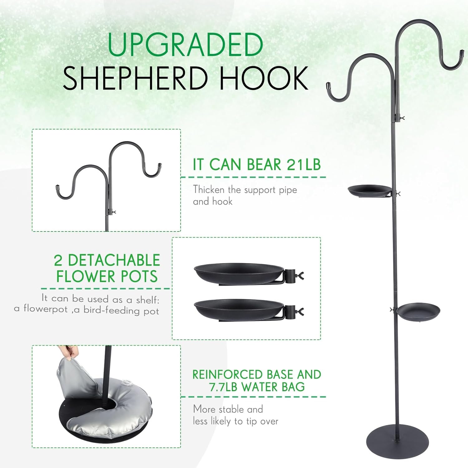 1 Set Upgraded 75.9" Shepherds Hook for Bird Feeder, Hanging Plant Wind Chime Stand, Metal Adjustable Standing Pole Holder for Indoor Outdoor, with 2 Rack & Weight Bag (Classic 2 Hooks)