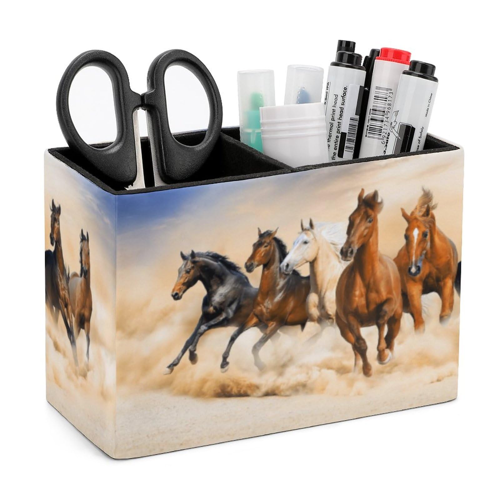 Niapessel Pencil Holder, Horses Force Running, Leather, 2 Compartments, Stationery Organizer & Makeup Brush Holder