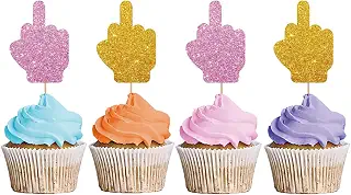 24PCS Middle Finger Cupcake Toppers, Divorce Party Cake Decorations, Funny Dessert Dessert Picks, Women Birthday Party Decoration - Pink & Gold Glitter