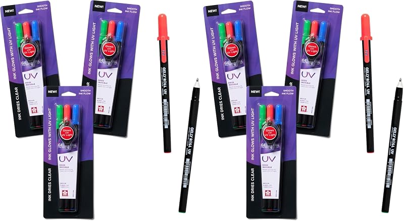 SAKURA Gelly Roll UV Pen - UV Gel Invisible Ink - With Keychain Flashlight - For Art or Drawing - Red, Green & Blue - 9 Pens, 3 Lights (Pack of 2)