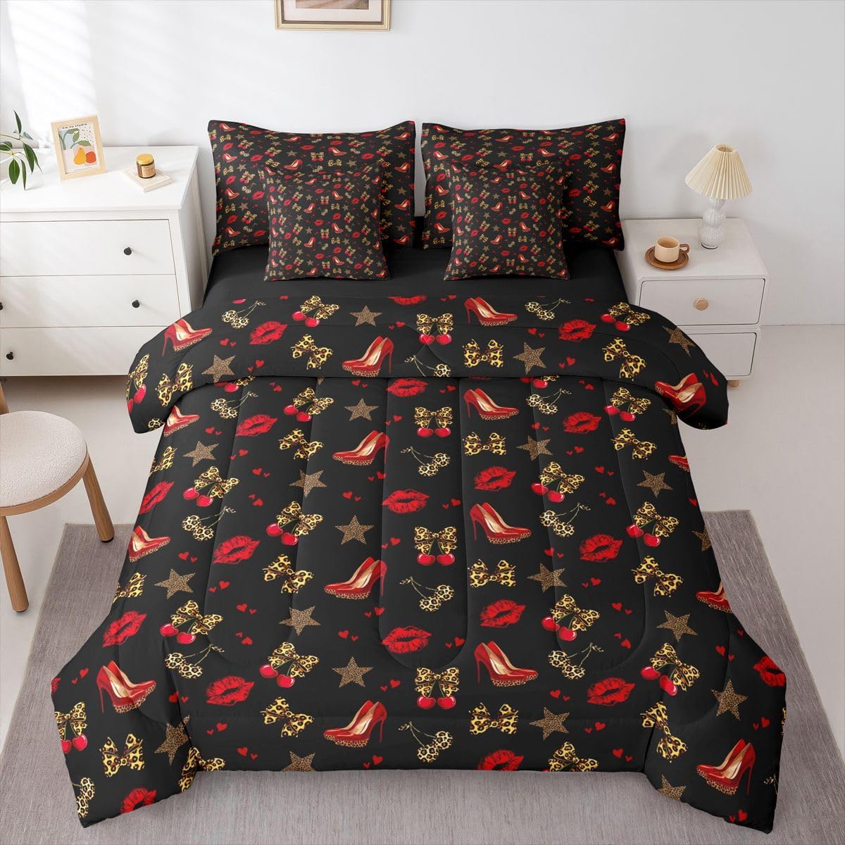 Erosebridal Cow Print 7 Piece Bed in a Bag King,Milk Cow Cattle Bedding Set Bed Sheets for Kids Teens Adults,Wild Animal Farmhouse Comforter Set,Black White Bull Cowhide Sheet Set with Comforter