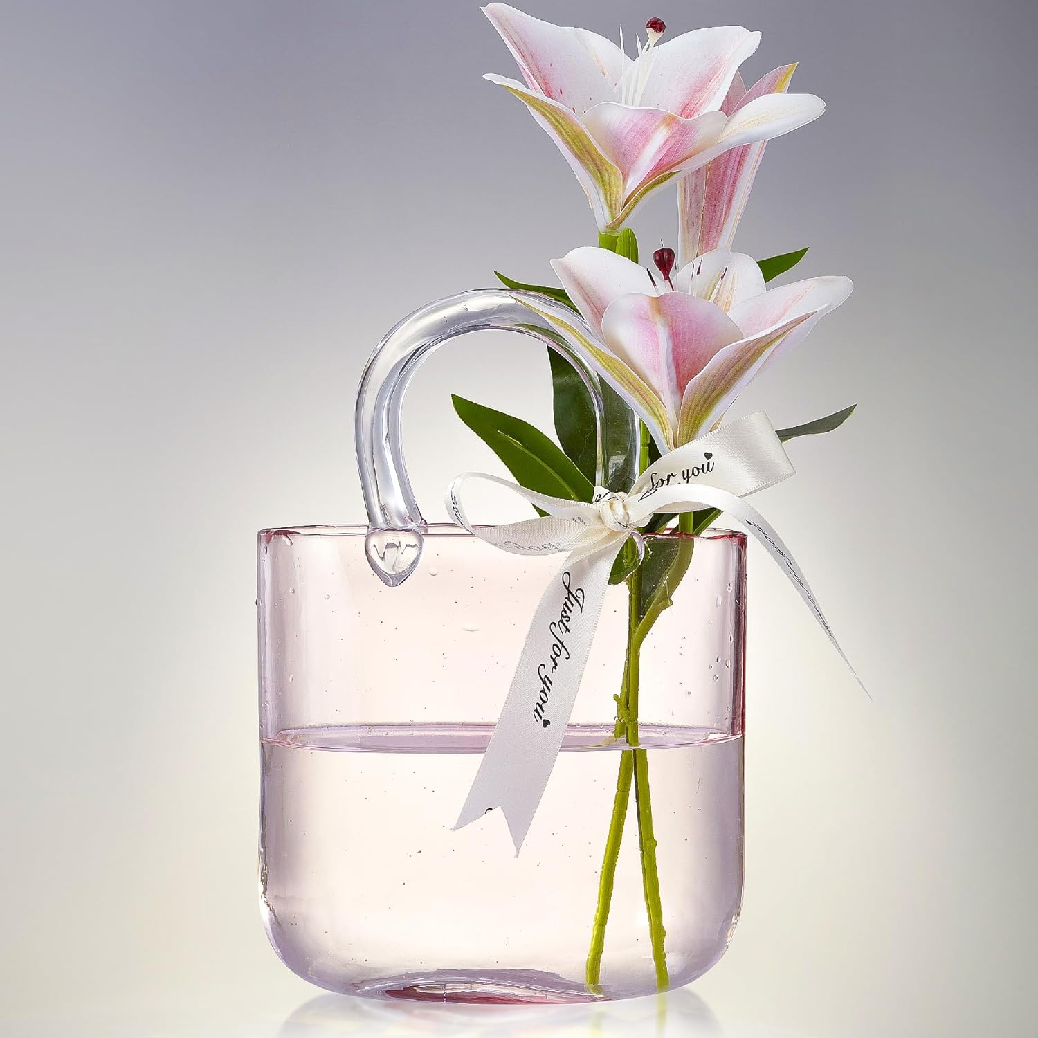 Thickened Glass Purse Vase for Flowers Gift Set-(Handmade 5mm Crystal-Unique Cute Clear Bag Vase with Reinforced Gift Box, Premium Table Centerpiece for Wedding/Mothers Day (Light Pink)