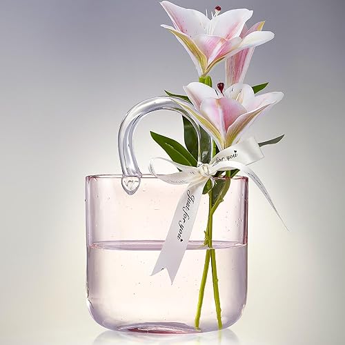 Florero de bolsa de cristal, florero con pecera, florero en forma de bolso, para decoración del hogar, entrepieza, eventos, oficina, jardín, boda
