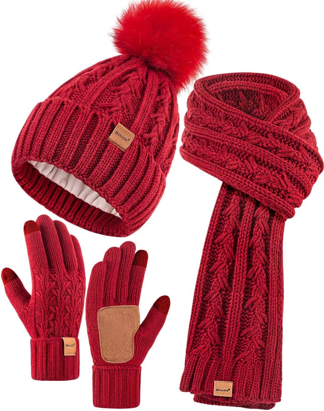 Womens Beanie Hat Scarf Gloves Set, Fleece Lined Winter Hat with Pom Pom, Long Knit Scarf Touchscreen Gloves for Cold Weather
