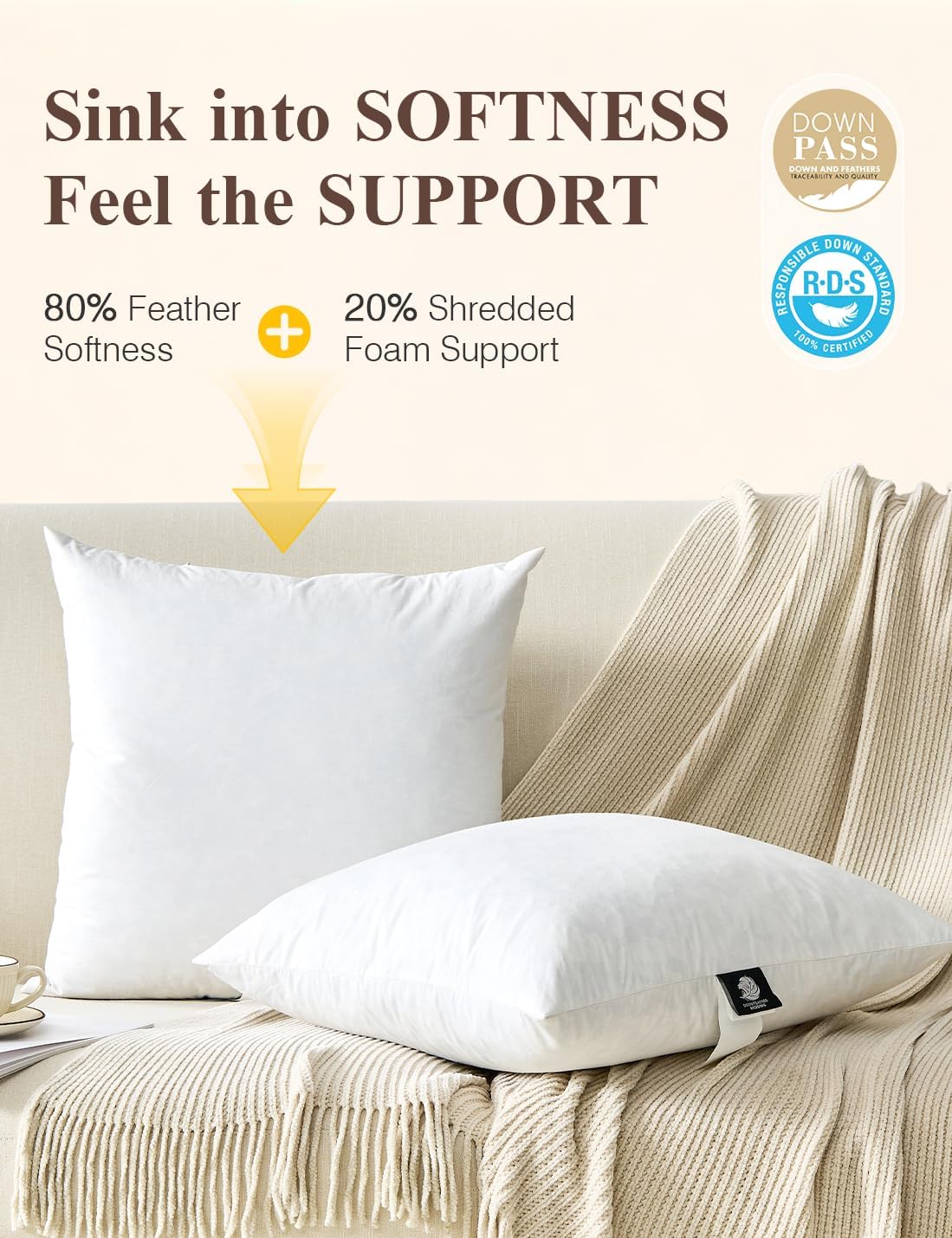Soft Feather Throw Pillow Inserts, 18 x 18 Inches, Set of 2