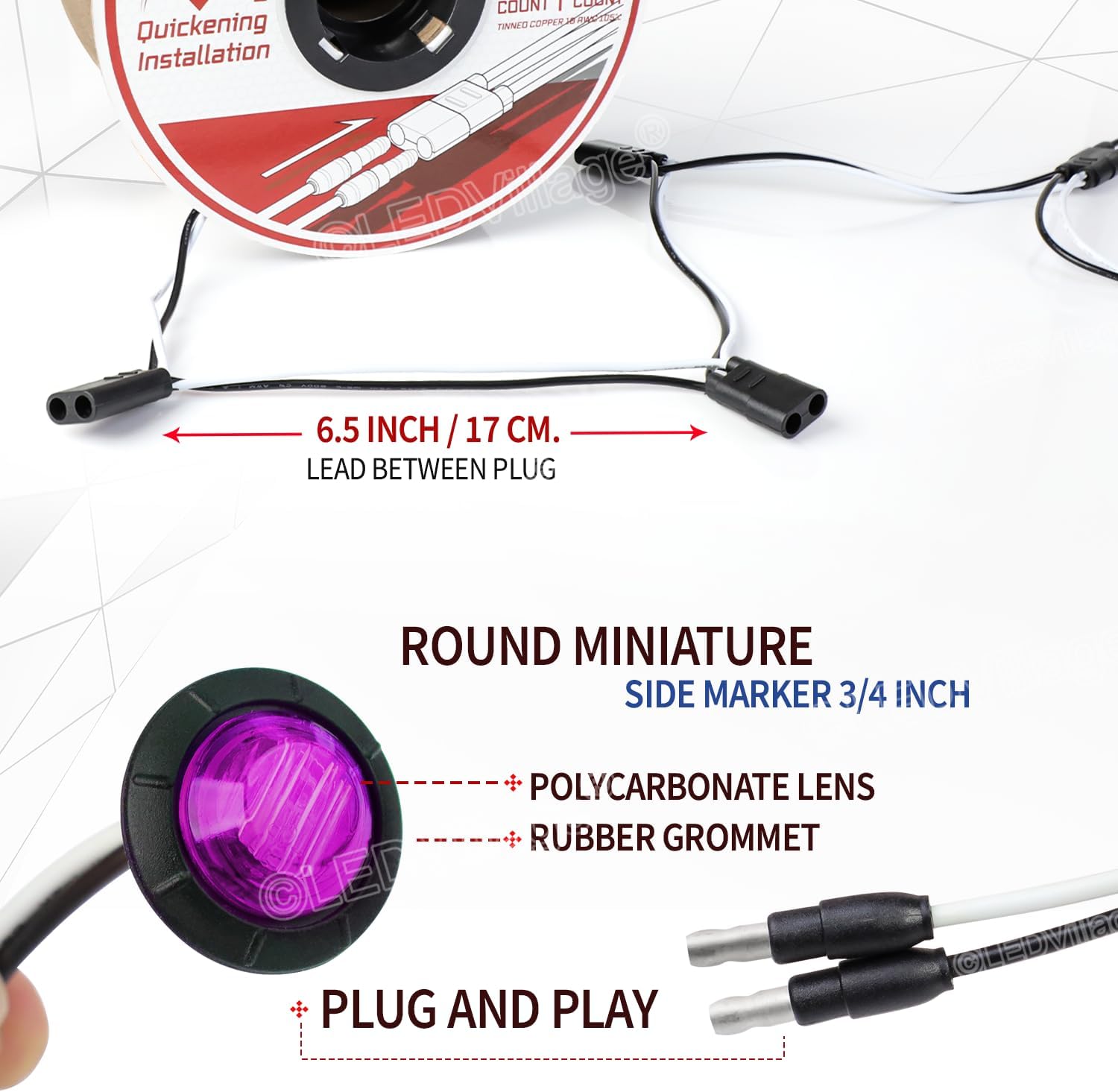 100 Pcs 3/4 Inch Side Marker Purple Light with Connector and 2 Prong Harness Roll Female Plugs (100 Counts) Indicator Light, Clearance Light for Truck Trailer Pickup