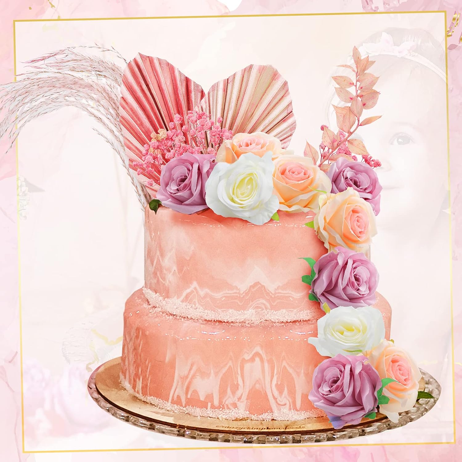 28 Pcs Boho Cake Topper Decorations Vintage Artificial Rose Flowers Leaves for Cake Decorating Kit Dried Faux Flower Decor for Bohemian Wedding Bridal Birthday Baby Shower Party Supplies (Pink)